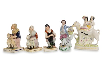 Lot 1803 - VICTORIAN STAFFORDSHIRE FIGURE OF DOLLY PENTREATH AND FOUR OTHERS
