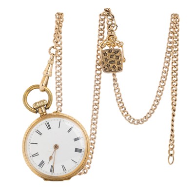 Lot 879 - EIGHTEEN CARAT GOLD OPEN FACE FOB WATCH