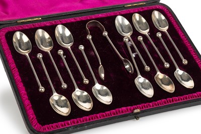 Lot 141 - SET OF TWELVE VICTORIAN SILVER COFFEE SPOONS AND TONGS