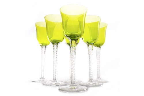 Lot 820 - SET OF SIX LALIQUE TREVES HOCK WINE GLASSES...