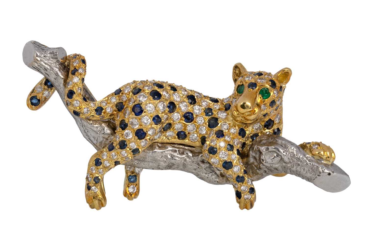 Lot ROY SARKIN DIAMOND, SAPPHIRE AND EMERALD 'LEOPARD' BROOCH