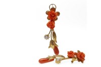 Lot 101 - PAIR OF CORAL AND CZ DROP EARRINGS each with...