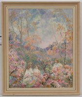 Lot 151 - MAY HUTCHISON, GIRLS AMONGST BLOSSOM oil...