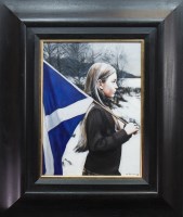 Lot 39 - * GERARD BURNS, GIRL WITH SALTIRE oil on board,...