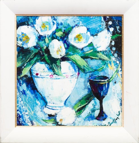 Lot 79 - * MARY GALLAGHER, WHITE TULIPS acrylic on...
