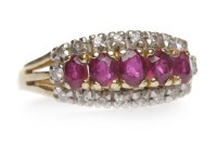 Lot 150 - FOURTEEN CARAT GOLD CREATED RUBY AND DIAMOND...