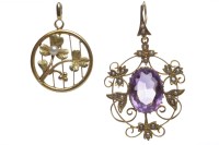 Lot 232 - EDWARDIAN AMETHYST AND SEED PEARL PENDANT of...