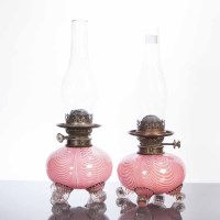 Lot 857 - PAIR OF VICTORIAN NAILSEA GLASS OIL LAMPS each...