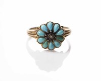 Lot 1825 - VICTORIAN TURQUOISE AND DIAMOND RING of floral...