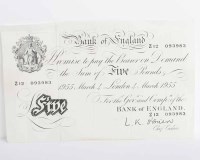 Lot 249 - WHITE BANK OF ENGLAND £5 BANKNOTE London 4th...