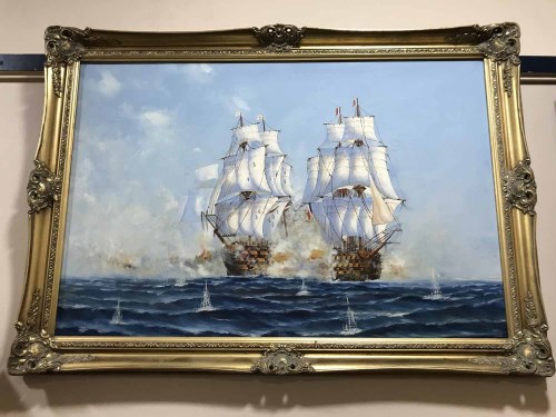 Lot 161 - MODERN OIL OF TWO SHIPS ENGAGING IN BATTLE