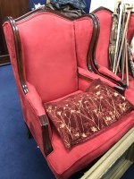 Lot 269 - PAIR OF CRIMSON UPHOLSTERED WING BACK ARMCHAIRS