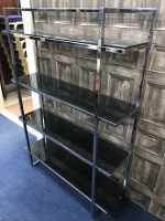 Lot 278 - GLASS AND CHROME OPEN SHELVING UNIT with two...