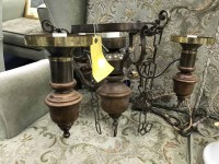 Lot 322 - BRASS AND WOOD CEILING LIGHT with glass shades