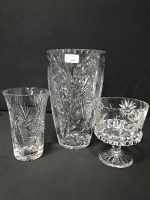 Lot 443 - TALL CRYSTAL VASE, ANOTHER VASE AND A STEMMED...