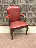 Lot 1351 - MAHOGANY FRAMED OPEN ELBOW CHAIR OF QUEEN ANNE...