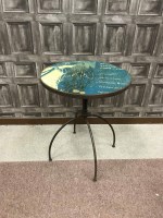 Lot 1378 - WROUGHT IRON CIRCULAR CAFE TABLE with coloured...