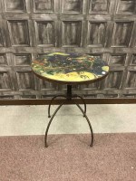 Lot 1380 - WROUGHT IRON CIRCULAR CAFE TABLE with coloured...