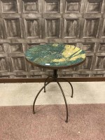 Lot 1381 - WROUGHT IRON CIRCULAR CAFE TABLE with coloured...