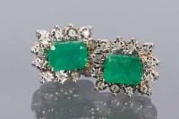 Lot 1805 - PAIR OF EMERALD AND DIAMOND CLUSTER EARRINGS...