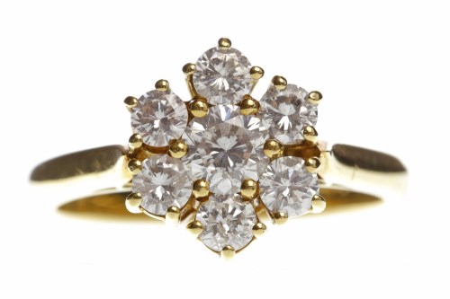 Lot 281 - DIAMOND DAISY CLUSTER RING with a central...