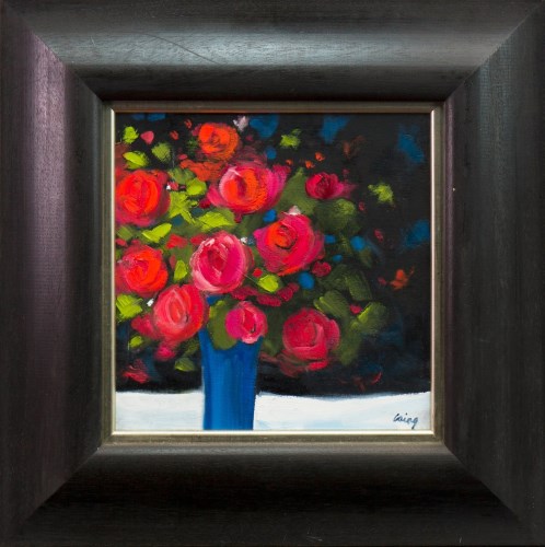 Lot 267 - ROWENA LAING, RED ROSES oil on panel, signed...
