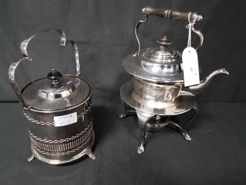 Lot 43 - SILVER PLATED SPIRIT KETTLE ON STAND AND A...