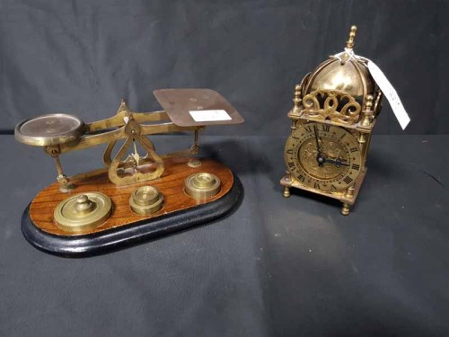 Lot 53 - BRASS MINIATURE LANTERN-TYPE CLOCK along with...