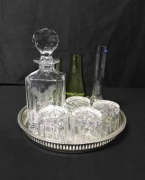 Lot 115 - CRYSTAL DECANTER AND FOUR GLASSES ON PLATED...