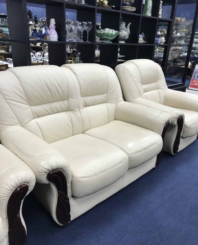 Lot 138 - CREAM LEATHER THREE SEATER SOFA, TWO SEATER...