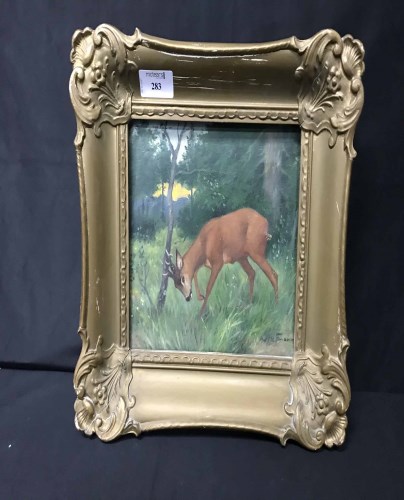 Lot 283 - OIL PAINTING OF A DEER signed Ad Hoffman, signed