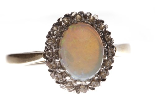 Lot 249 - NINE CARAT GOLD OPAL AND DIAMOND CLUSTER RING...