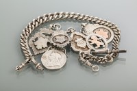 Lot 888 - STERLING SILVER CURB LINK ALBERT CHAIN AND A...