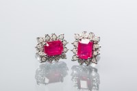 Lot 1967 - PAIR OF RUBY AND DIAMOND CLUSTER EARRINGS each...