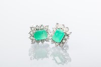 Lot 1972 - PAIR OF EMERALD AND DIAMOND CLUSTER EARRINGS...
