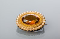 Lot 2038 - CITRINE AND SEED PEARL BROOCH the large...