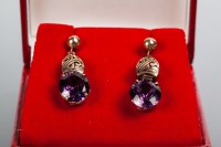 Lot 2149 - PAIR OF AMETHYST DROP EARRINGS each with an...