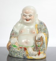 Lot 335 - CHINESE CERAMIC BUDDHA with polychrome robe,...