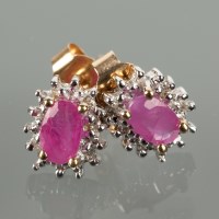 Lot 1125 - PAIR OF RUBY AND DIAMOND CLUSTER EARRINGS each...