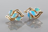 Lot 1788 - OPAL THREE STONE EARRINGS each set with three...