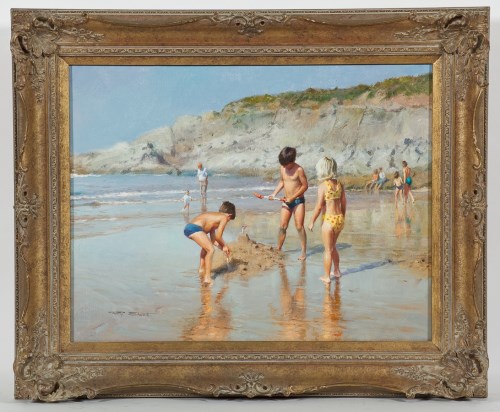 Lot 1822 - * TONY SHEATH, BUILDING SANDCASTLES oil on...