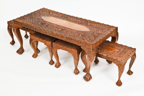 Lot 309 - INDIAN CARVED WOOD COFFEE TABLE AND FOUR...