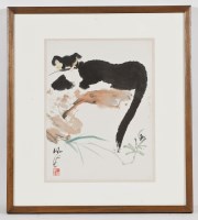 Lot 406 - CHINESE INK PAINTING depicting a cat, signed...