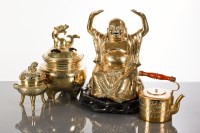 Lot 454 - CHINESE BRASS BUDDHA, TWO BRASS CENSERS AND A...