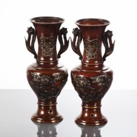 Lot 457 - PAIR OF JAPANESE BRONZE VASES with bird and...