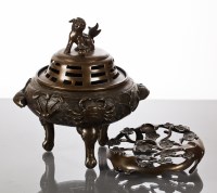 Lot 474 - CHINESE BRONZE CENSER with foe dog finial and...