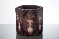 Lot 471 - CHINESE WOODEN AND MOTHER OF PEARL BRUSH POT...