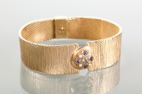 Lot 1647 - NINE CARAT GOLD AMETHYST AND PEARL BRACELET...