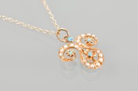 Lot 1800 - EDWARDIAN TURQUOISE AND SEED PEARL PENDANT of...