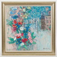 Lot 2433 - DONALD MANSON, FLOWERS BY THE HUDSON RIVER oil...